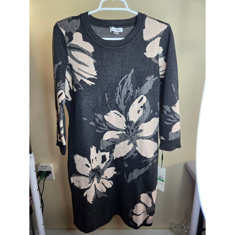 Calvin Klein Dark Gray Beige Floral Long Sleeve Sweater Dress L
